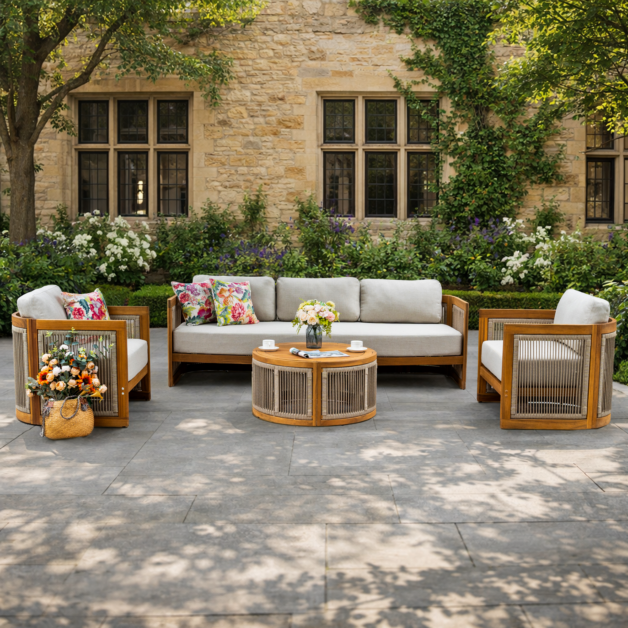 CAVEN 5-Seater Solid Wood Garden Sofa Set - 4-Piece Outdoor Sofa Set with Cushions