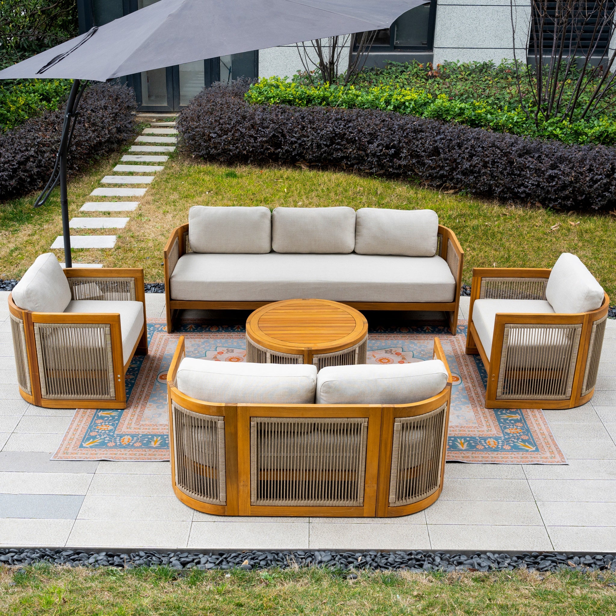 CAVEN 7-Seater Solid Wood Garden Sofa Set - 5-Piece Outdoor Sofa Set with Cushions