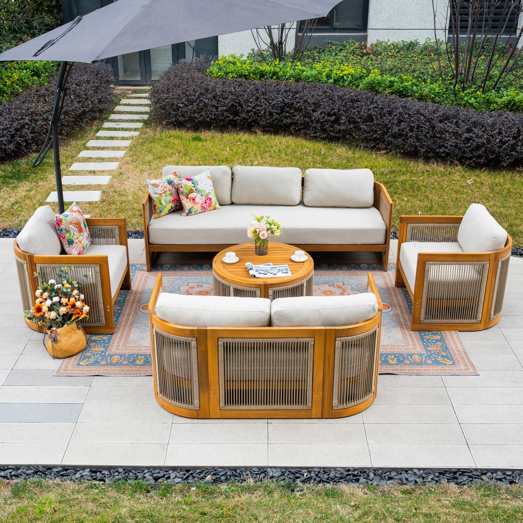 CAVEN 7-Seater Solid Wood Garden Sofa Set - 5-Piece Outdoor Sofa Set with Cushions