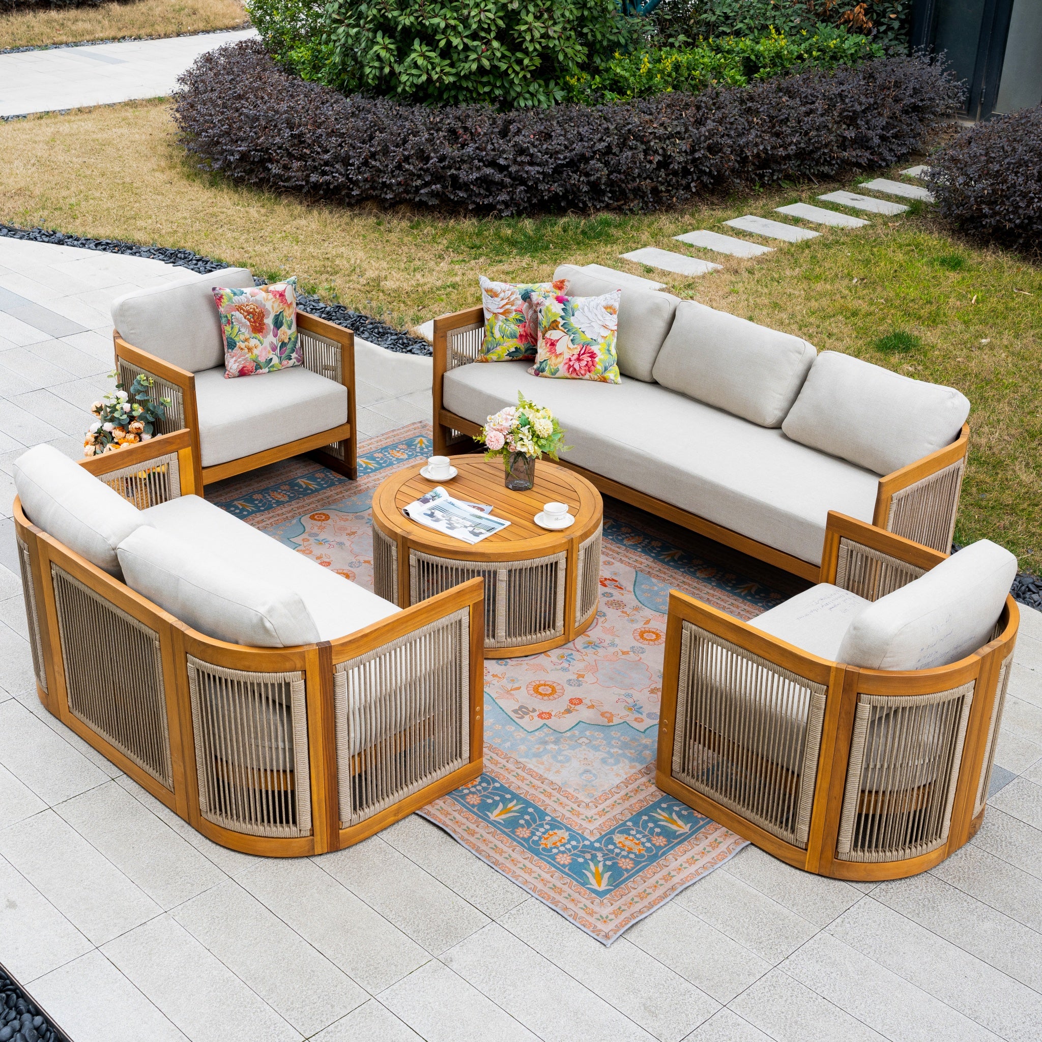 CAVEN 7-Seater Solid Wood Garden Sofa Set - 5-Piece Outdoor Sofa Set with Cushions
