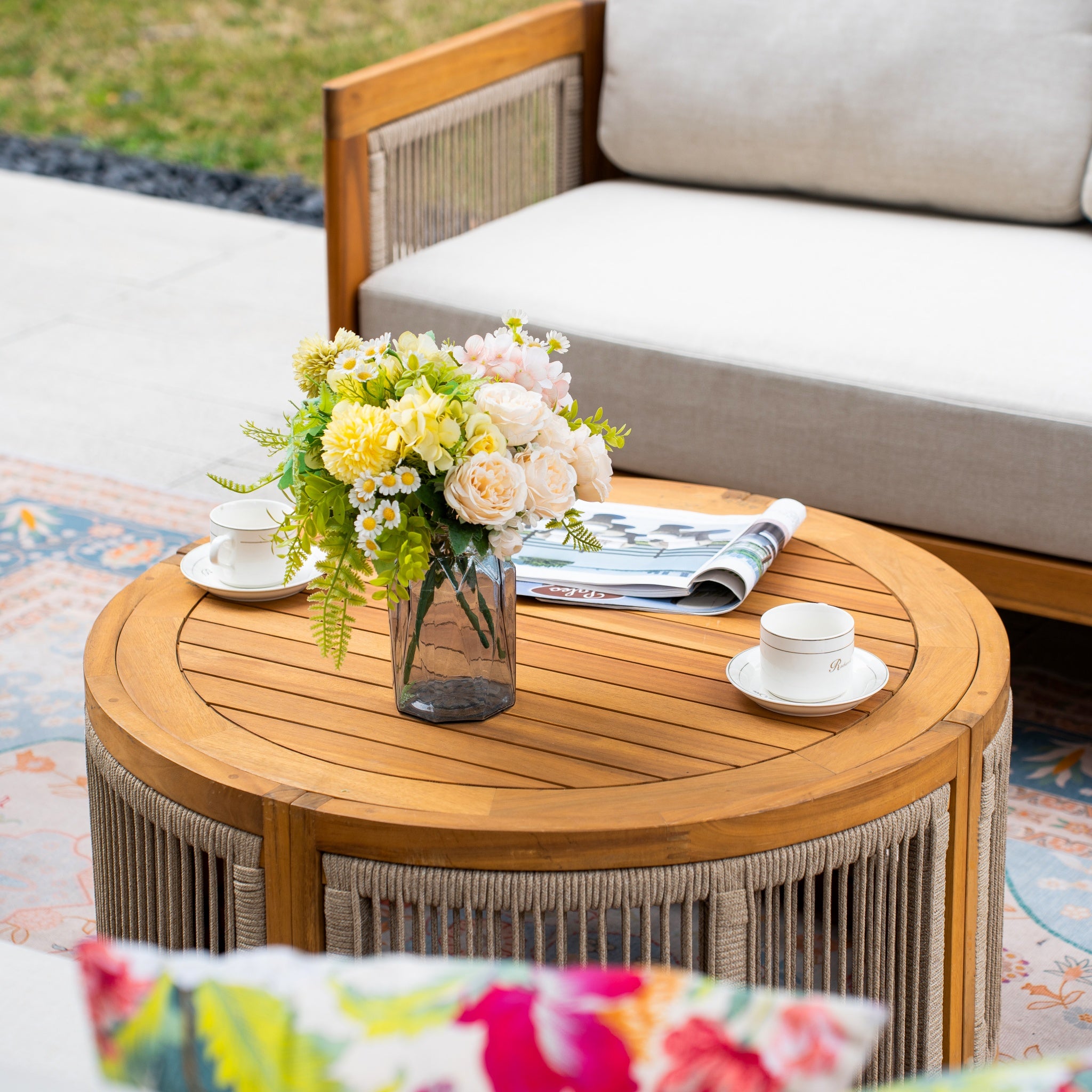 CAVEN 7-Seater Solid Wood Garden Sofa Set - 5-Piece Outdoor Sofa Set with Cushions