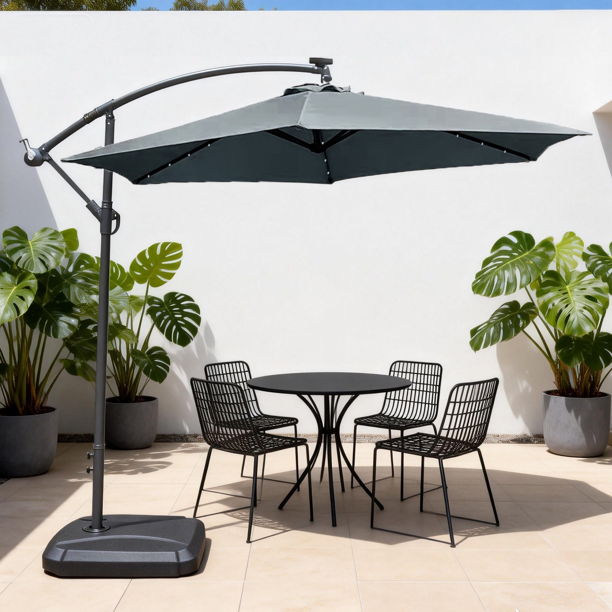 LED Cantilever Garden Parasol with Steel Frame – 8 Rib, Vented Canopy & Weighted Base