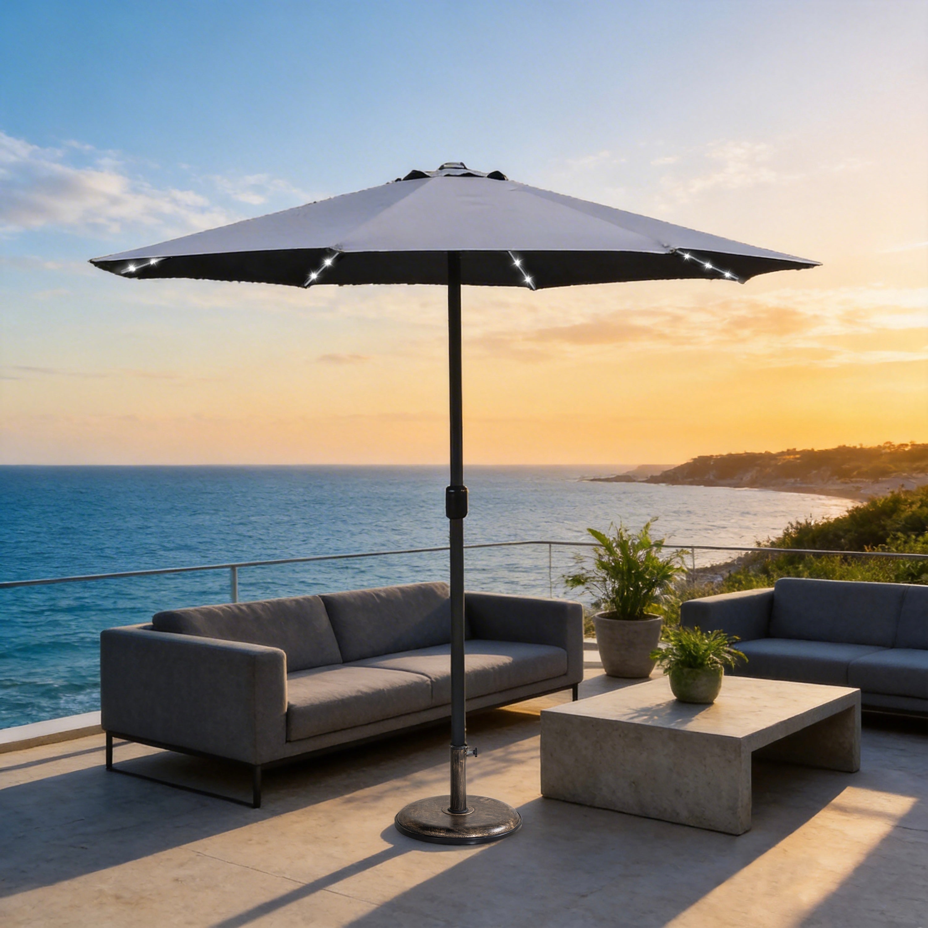 LED Garden Parasol with Steel Pole – 8 Rib, Crank Handle & Vented Canopy