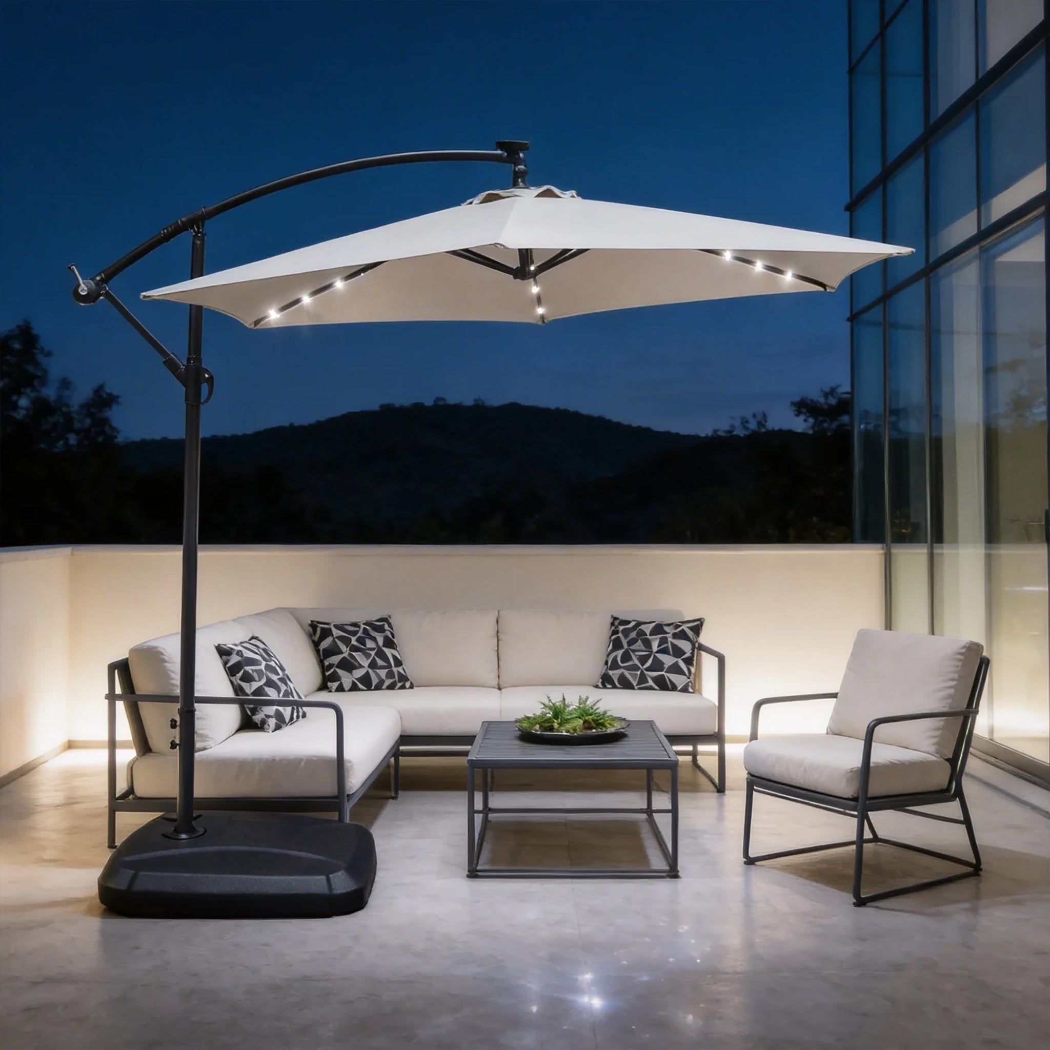 LED Cantilever Garden Parasol with Steel Frame – 8 Rib, Vented Canopy & Weighted Base