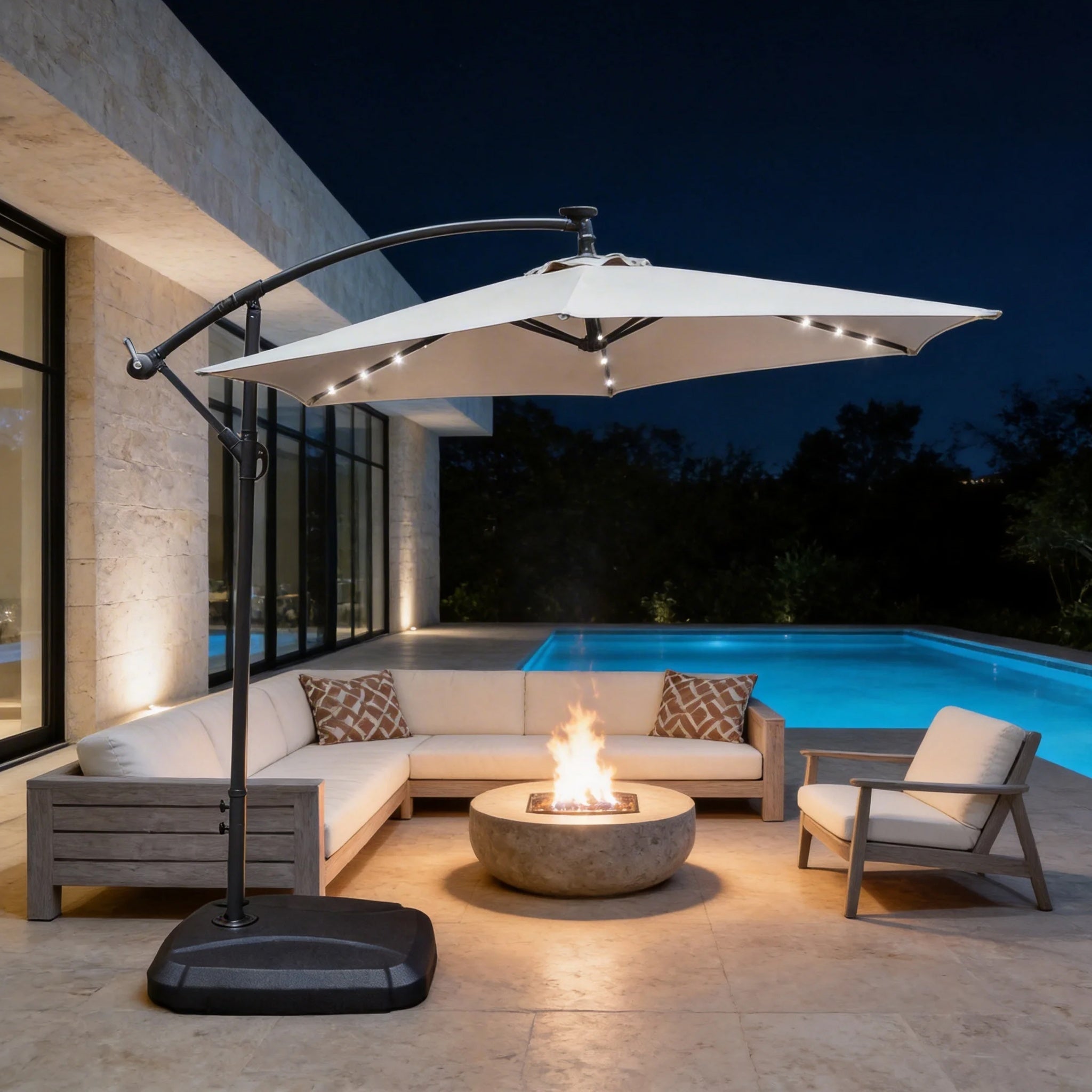 LED Cantilever Garden Parasol with Steel Frame – 8 Rib, Vented Canopy & Weighted Base