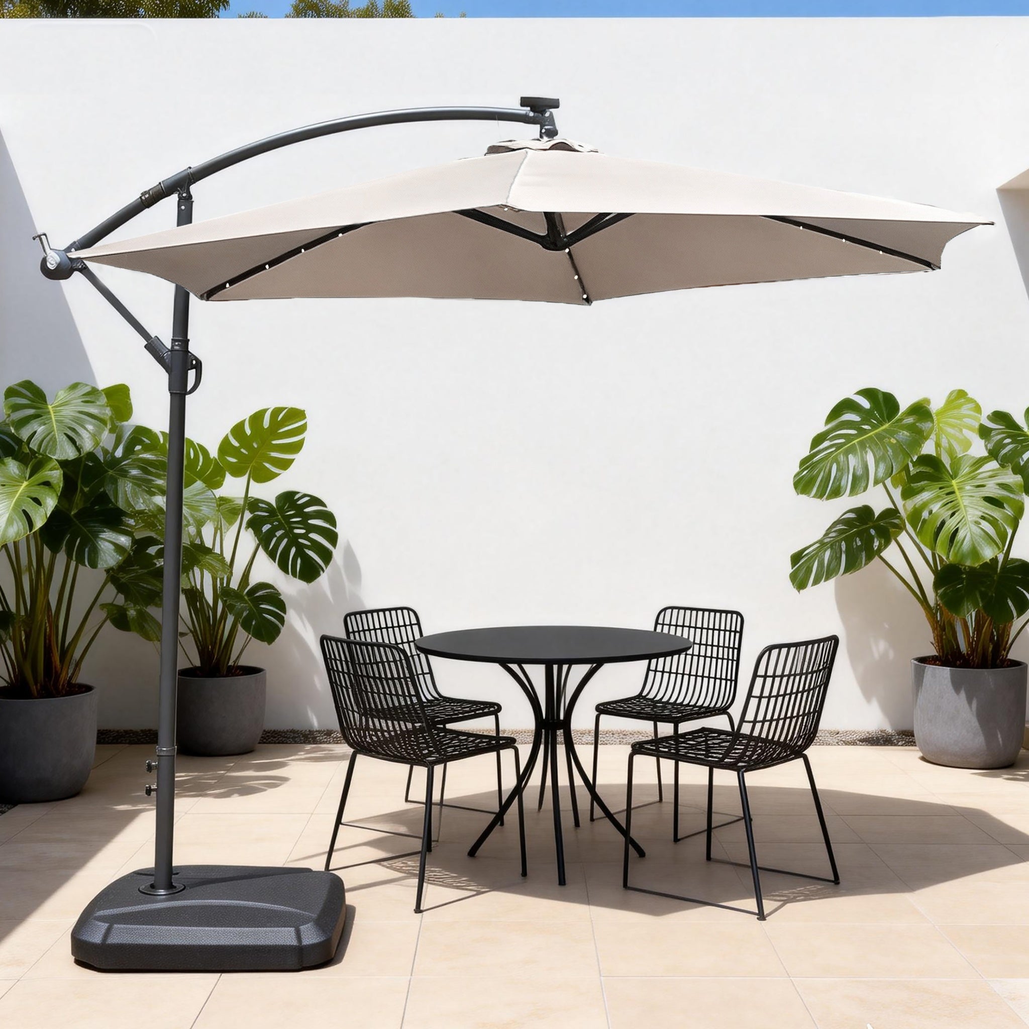 LED Cantilever Garden Parasol with Steel Frame – 8 Rib, Vented Canopy & Weighted Base