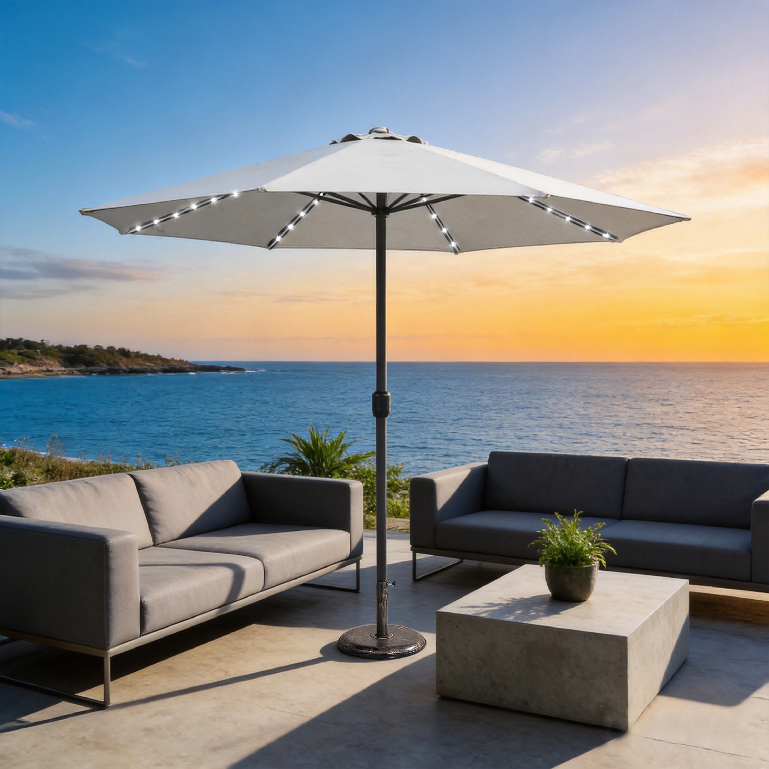 LED Garden Parasol with Steel Pole – 8 Rib, Crank Handle & Vented Canopy