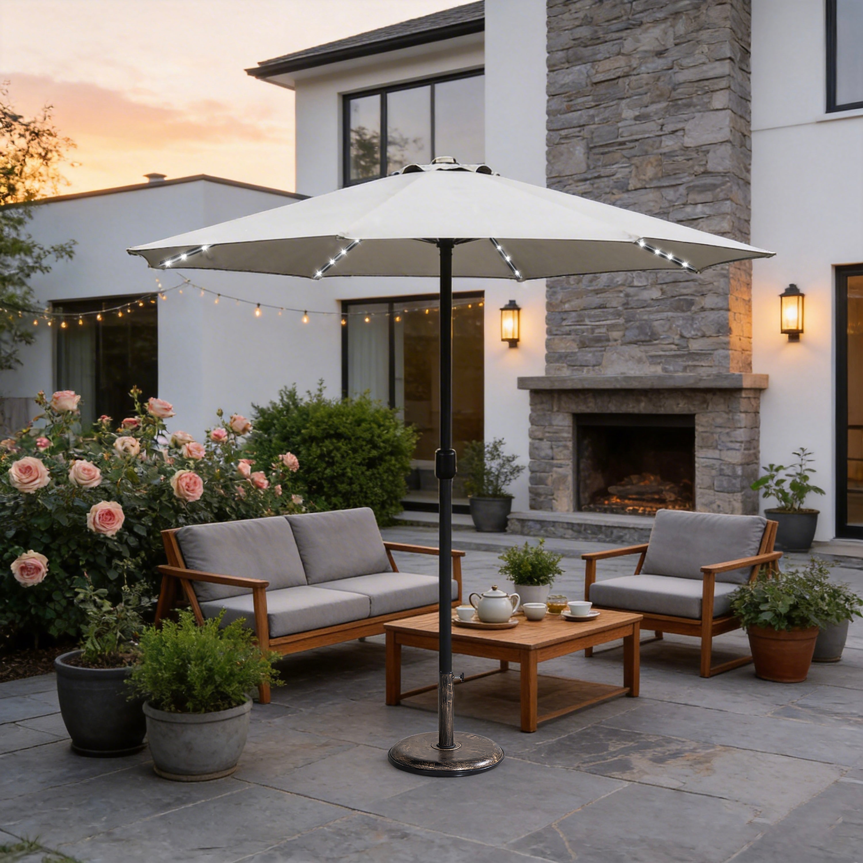 LED Garden Parasol with Steel Pole – 8 Rib, Crank Handle & Vented Canopy