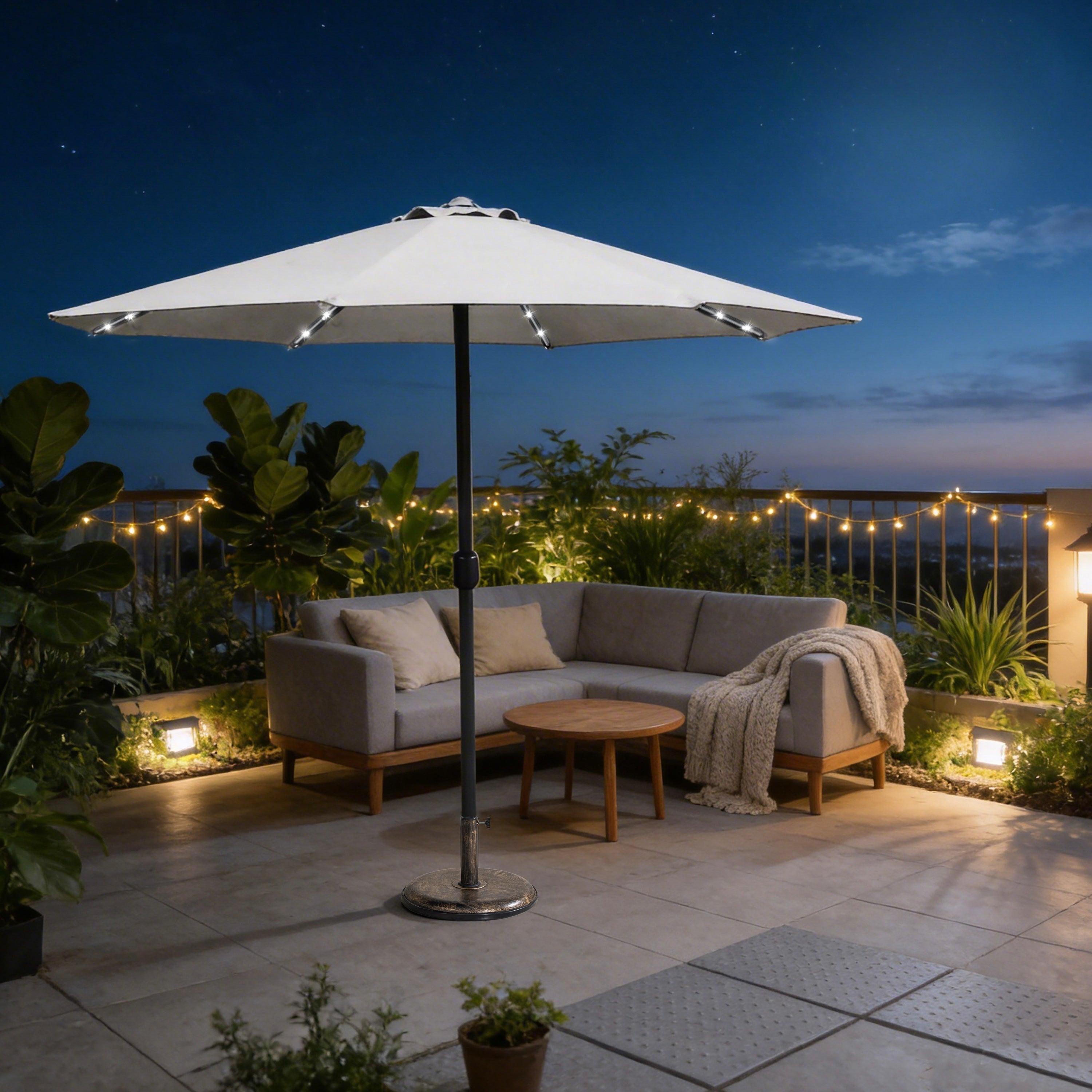 LED Garden Parasol with Steel Pole – 8 Rib, Crank Handle & Vented Canopy