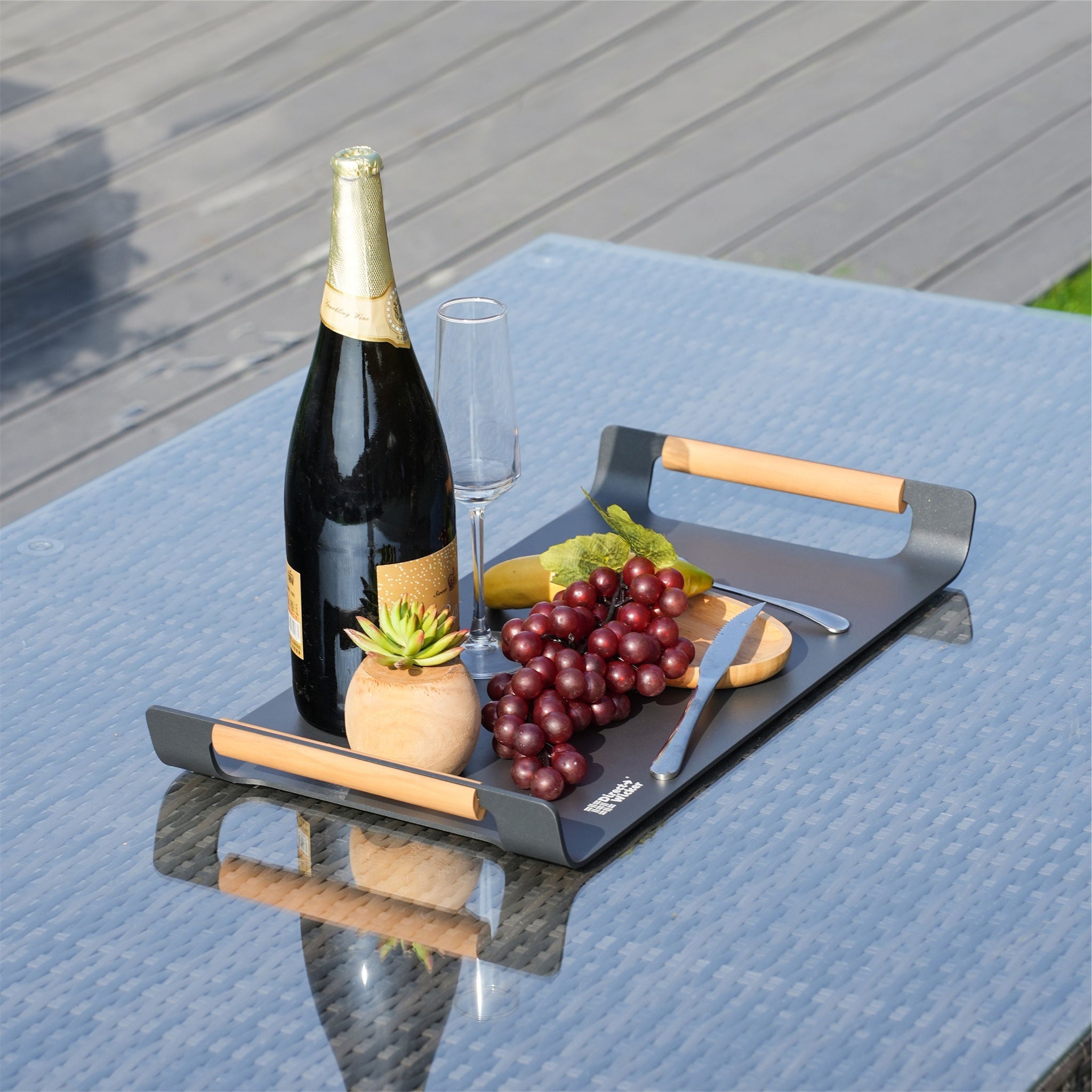Outdoor Aluminium Serving Tray with Teak Handles