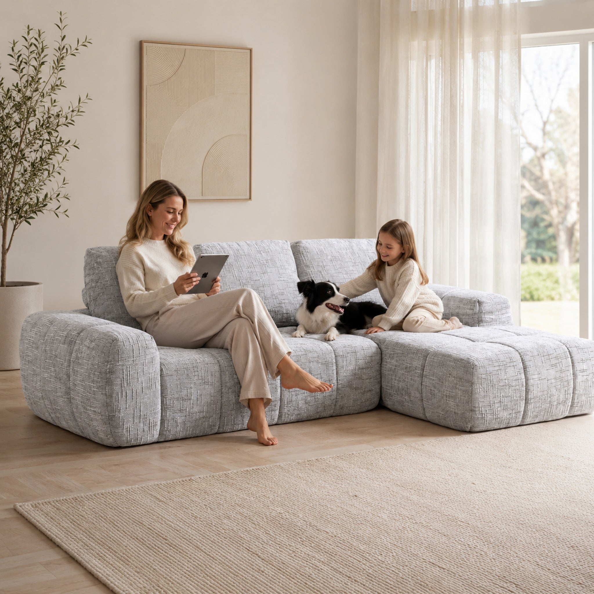 SOFTY Compressed Sectional Sofa with Chaise (Textured Line Design)