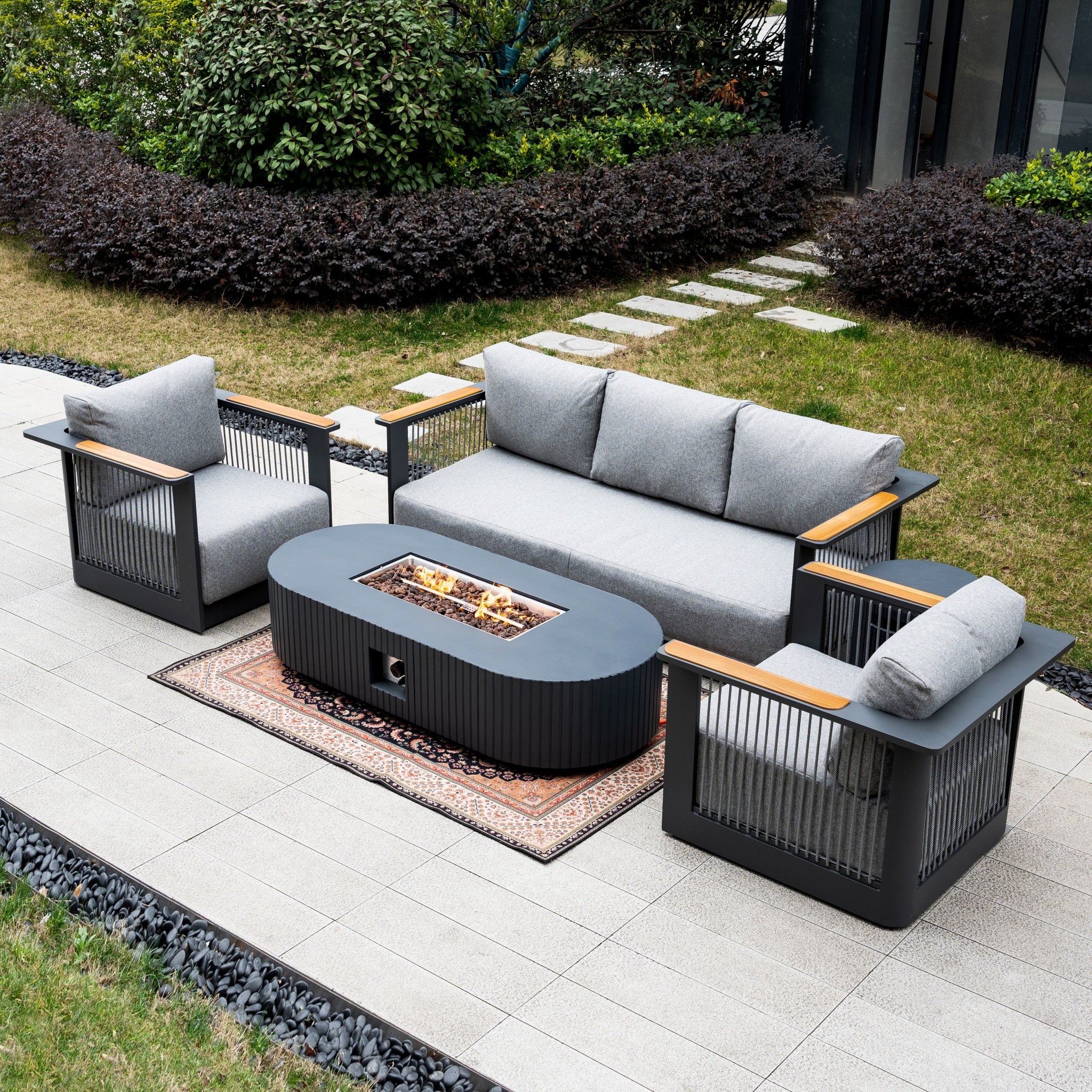 TALARA 5-Seater Aluminium Sofa Set with LYRIN Fire Pit Table