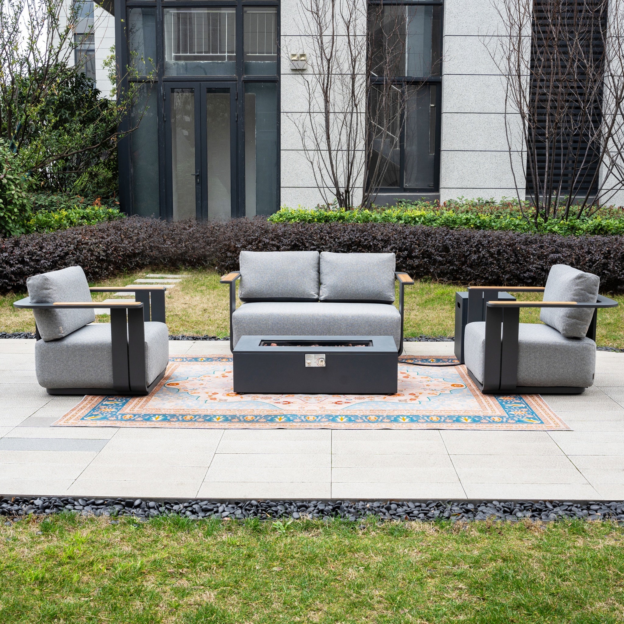 VAREL 4-Piece Sofa Set with ZENITH Fire Pit Table (2 Armchairs + 2-Seater)