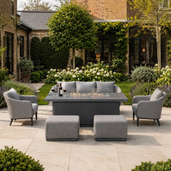 VELORA Aluminium Outdoor Sofa Set with TALARA Fire Pit Table & VAREL Ottomans