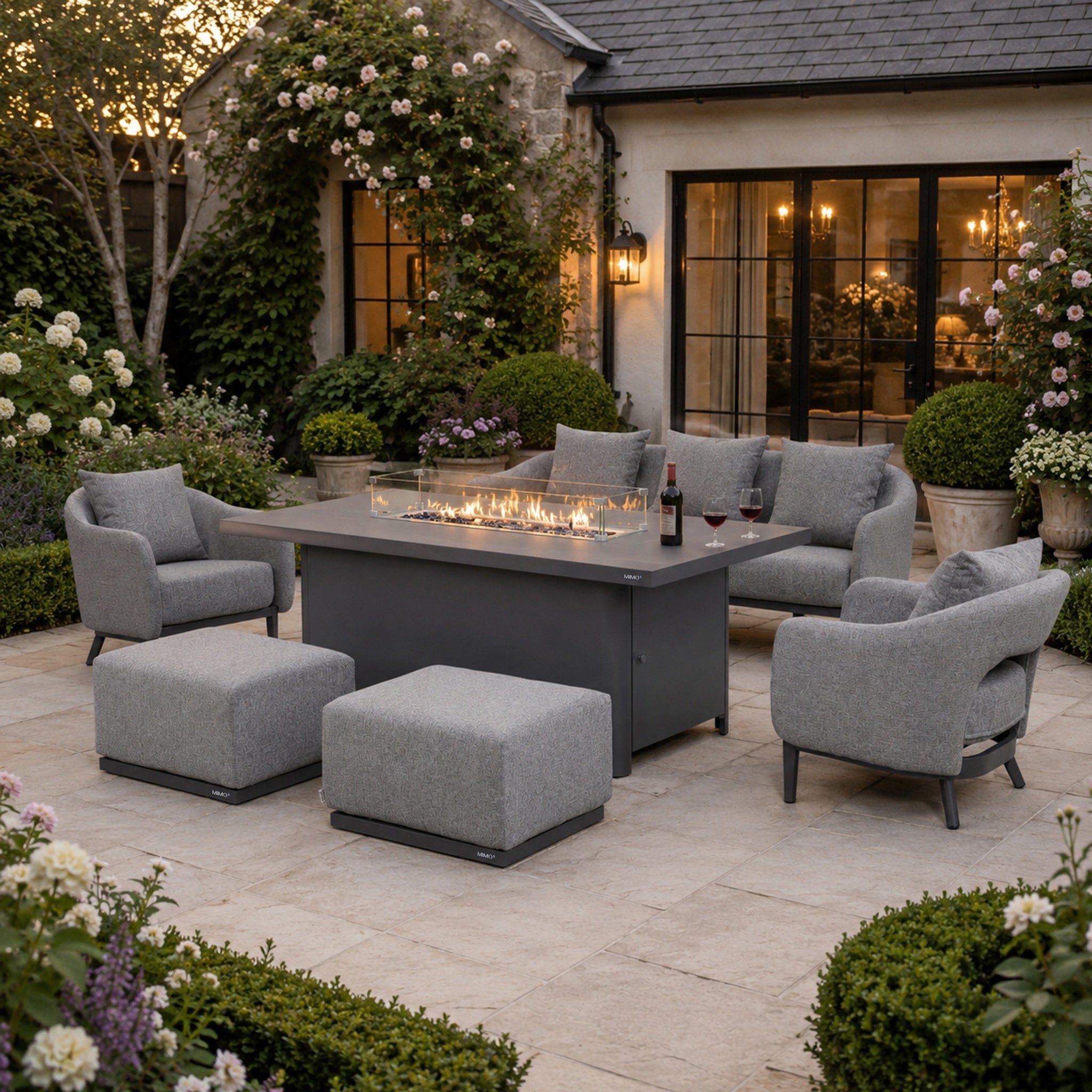 VELORA Aluminium Outdoor Lounge Set with TALARA Fire Pit Table & VAREL Ottomans